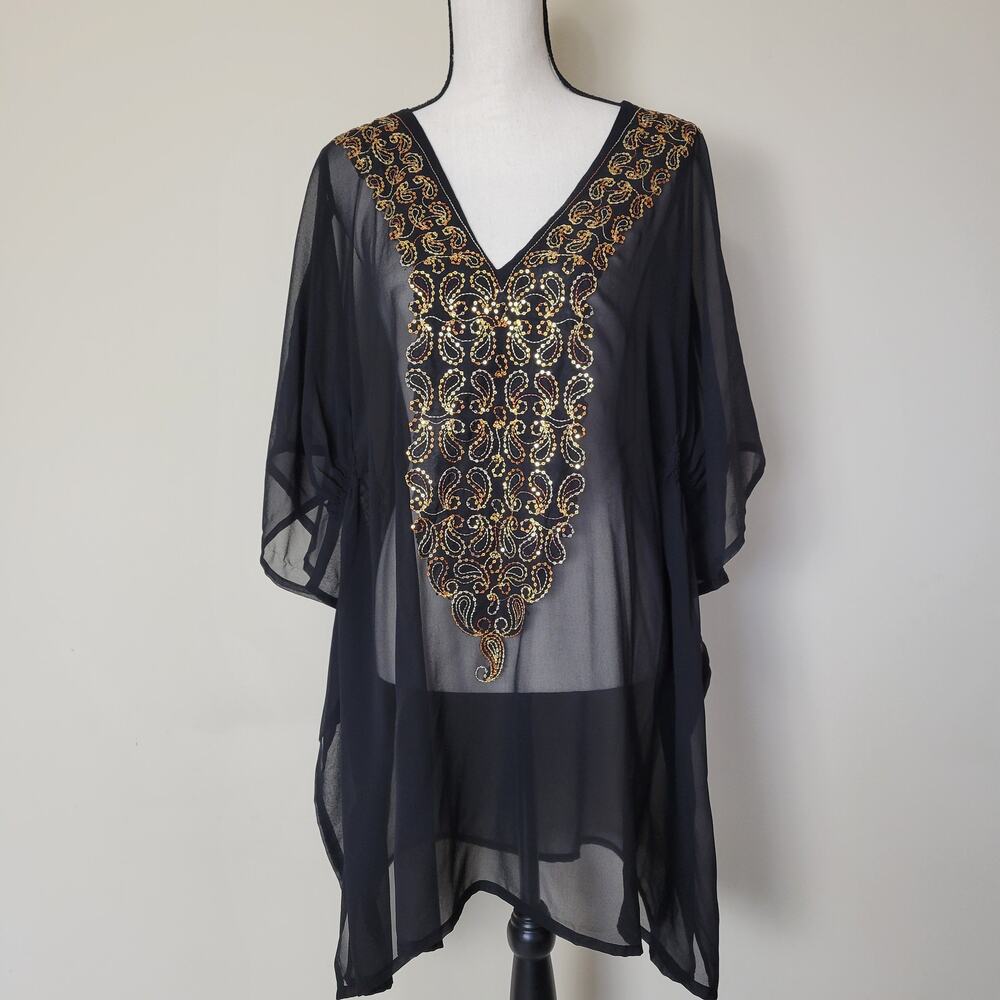 Happy Bay Kaftan Tunic Kimono One Size Fits Most Embroidered Sequins Sheer Black